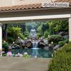 2D Flat 1pc Garage Door Polyester Banner - Serene Buddha Falls Garden Decoration with Lotus and Waterfall, Party Decoration