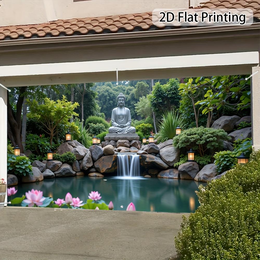 2D Flat 1pc Garage Door Polyester Banner - Serene Buddha Falls Garden Decoration with Lotus and Waterfall, Party Decoration