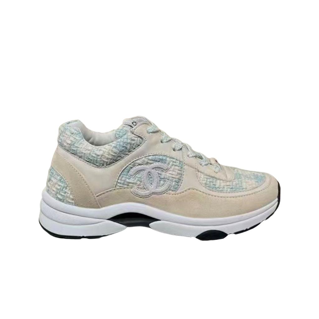 (w) Chanel Sneakers Cotton Tweed Suede Calfskin & Light Blue Ecru