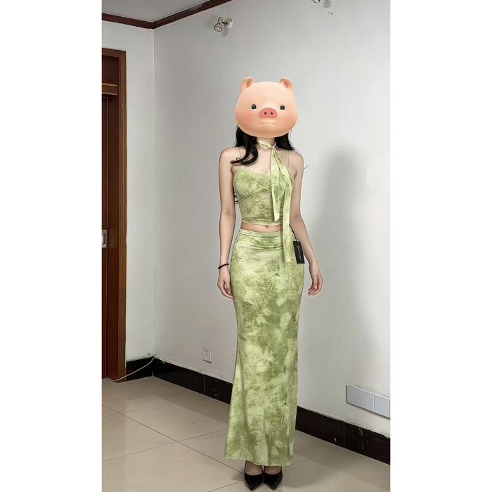 

2026 Chic Green Tie-Dye Jacquard Set: Retro Camisole Top & Bodycon Long Skirt L