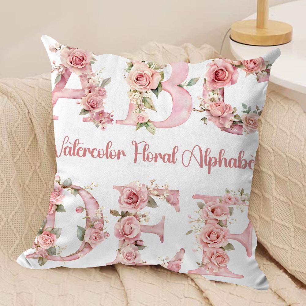 Letters Floral Print Cushion Cover Soft Plush Fabric Double-Sided Printed Sofa Cushion Cover For All Seasons Home Decor Gift