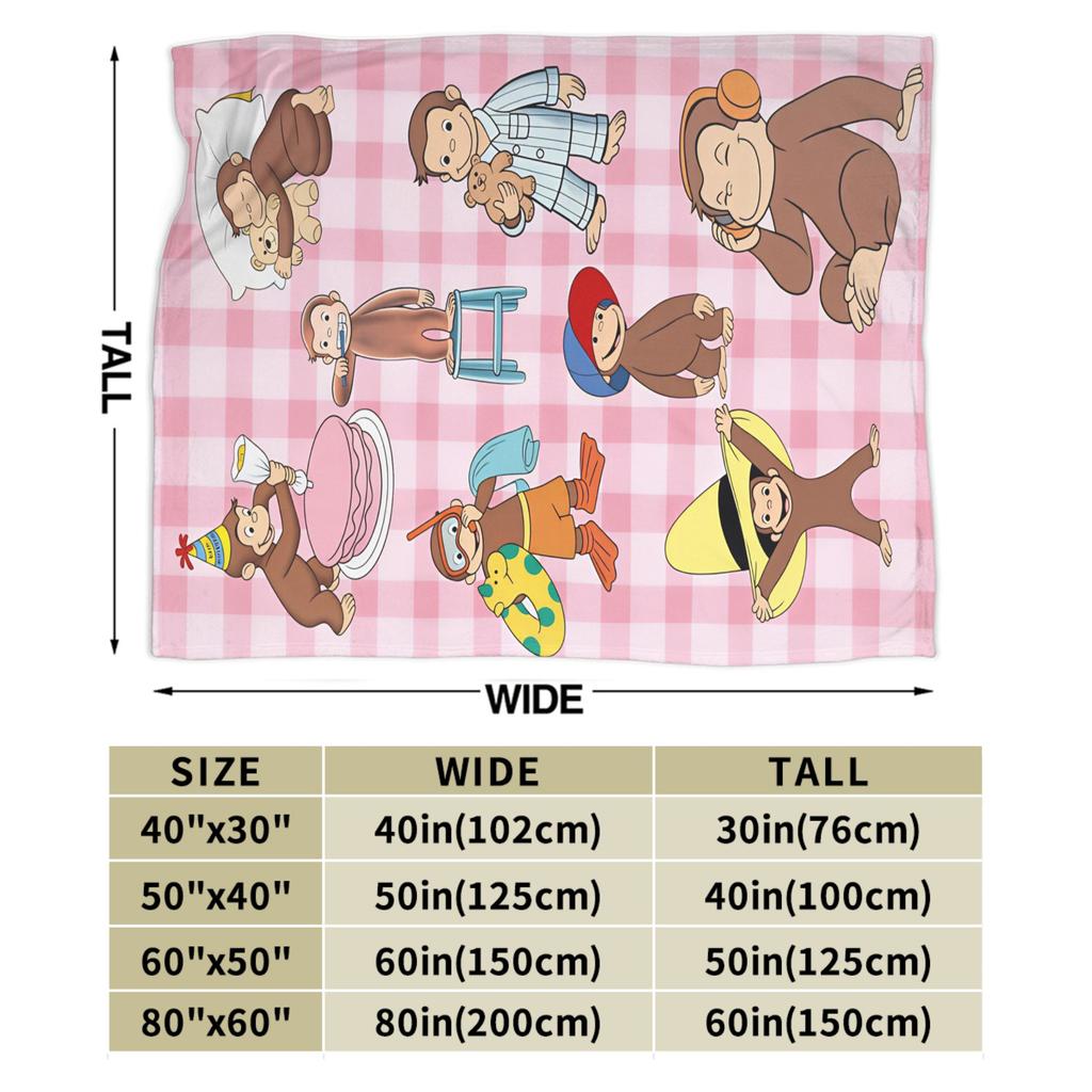 Curious George Pink Check Life Flannel Blankets Soft Throw Blanket for Bedroom Decorative Graphic Bedspread Sofa Bed Cover