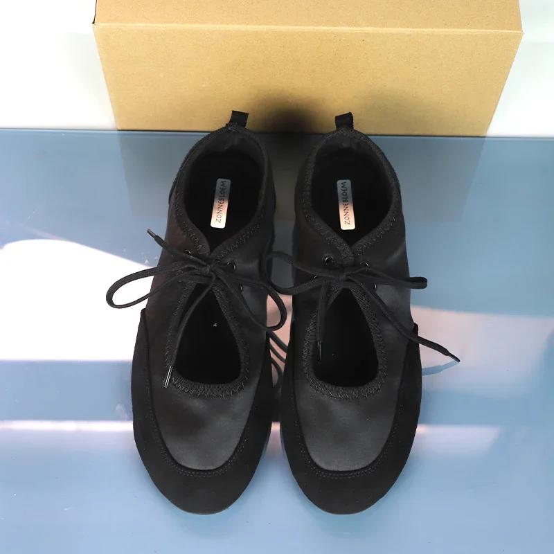 Fashion Black Lace-Up Women's Ballet Flats Comfortable Soft Satin Fabric Round Toe Ladies Autumn Shoes Brand Leisure Female Footwear
