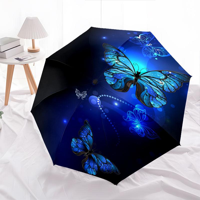 Glowing Blue Butterfly Umbrella - 3-Fold Compact Automatic Open Portable Umbrella with Vibrant Floral & Butterfly Design, Ligh