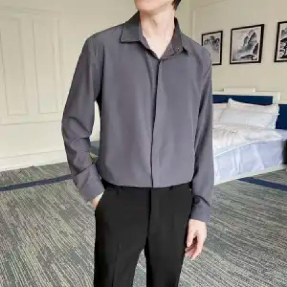 New Summer High End Handsome Fashion Cool Style Flip Collar Buckle Casual Loose Oversize Ice Silk Solid Color Shirt for Men