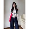 Korean-Style Diagonal Collar Striped Long-Sleeve Knit Top for Women, Early Spring Slim-Fit Versatile Top, Casual Short Off-Shoulder T-Shirt