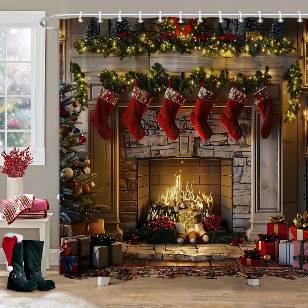 

Christmas Printed Shower Curtain Cute Snowman Red Truck Christmas Tree Socks Gifts Winter Fabric Shower Curtains Bathroom Decor 90x180cm