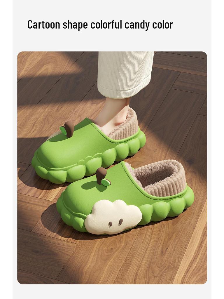 Women's Winter Cartoon Apple Cotton Slippers: Indoor Plush, Warm, Waterproof, Non-Slip Shoes