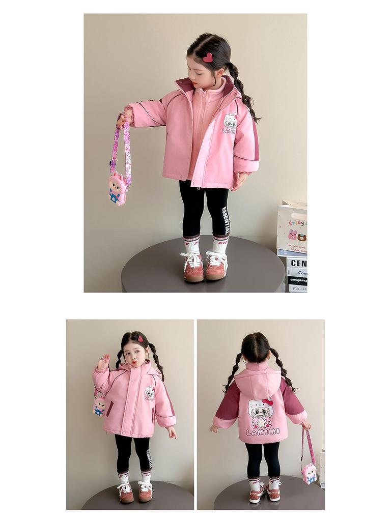 Girls' Fleece-Lined Windproof Jacket Set with Bag for Toddlers/Little Kids, Thick Autumn/Winter Coat with Cotton Lining