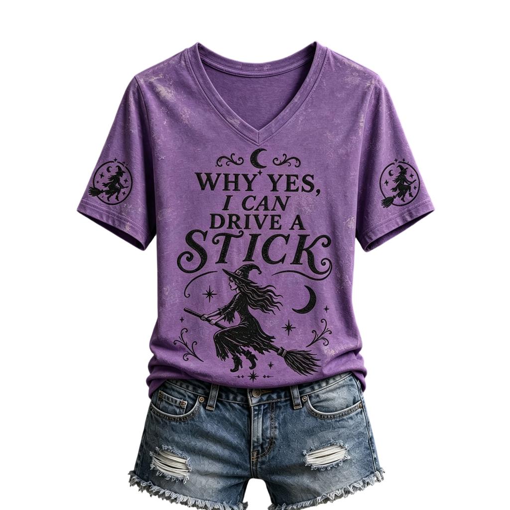 Women's Fit Halloween Print V-Neck Short Sleeve T-Shirt for Casual Wear