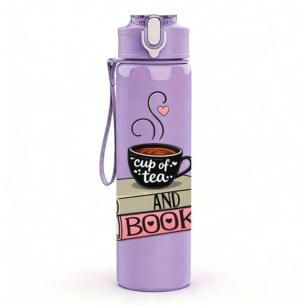 1PC Coffee Cup Stack Book Art Print 750ml Color Plastic Sports Water Bottle Leakproof Flip Straw Lid Suitable for Sports Office Home Use