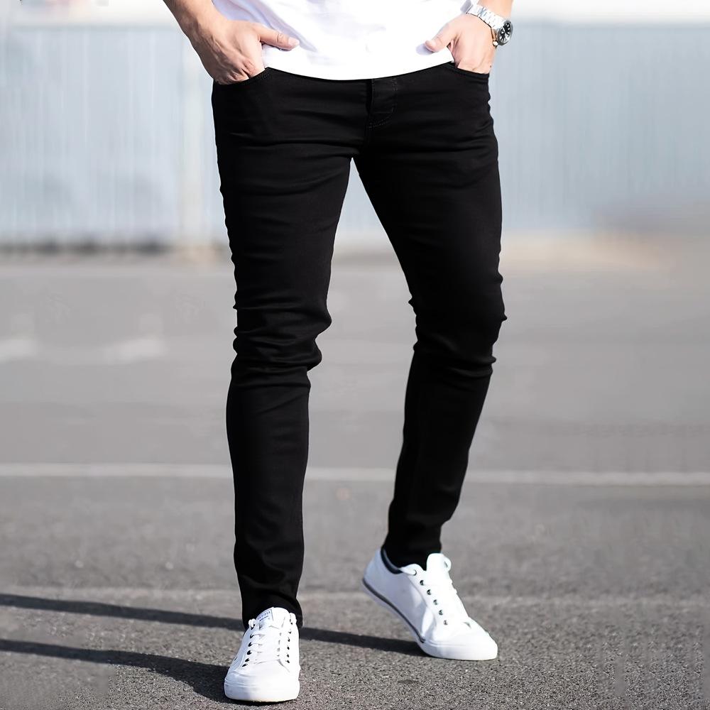 

Spring Mens Black Blue Pants Pure Color Stretch Jeans Street Casual Slim Fit Trousers Male Vintage Wash Skinny Jeans for Men XS чёрный