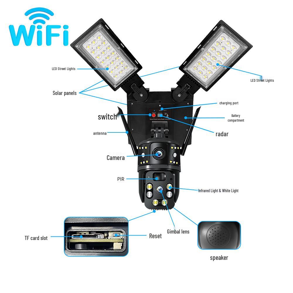 V380 Solar WiFi Street Light: 4G Dual Lens Night Vision, Waterproof Camera