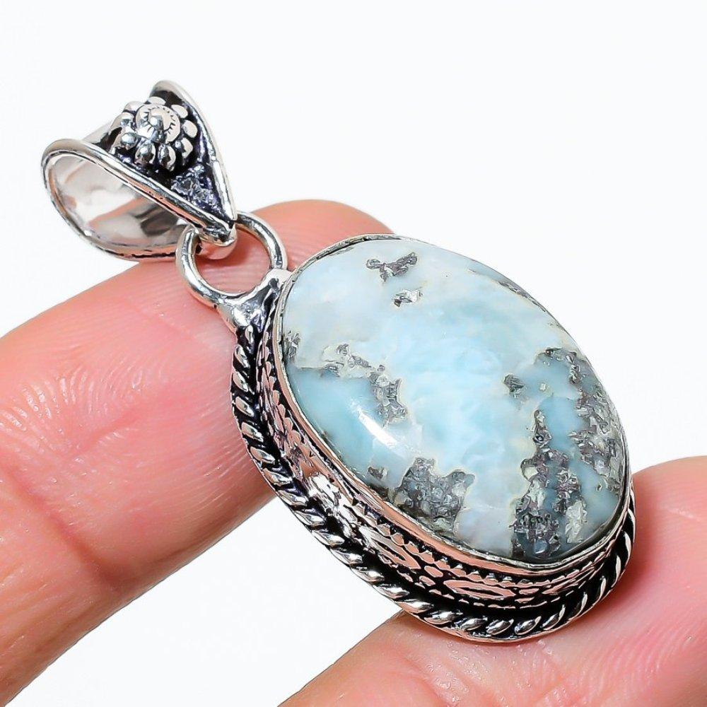 Natural Republic Pierre Précieuse Larimar Argent Sterling 925 Pendentif Cadeau 1,77" q1i44
