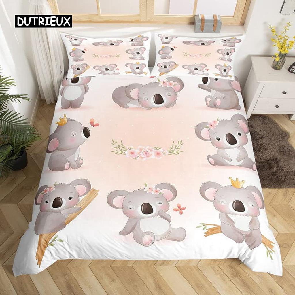 3D Koala Duvet Cover Set Microfiber Cartoon Leaves Baby Bear Australian Wildlife Themed  Bedding Set Queen Size Comforter Cover