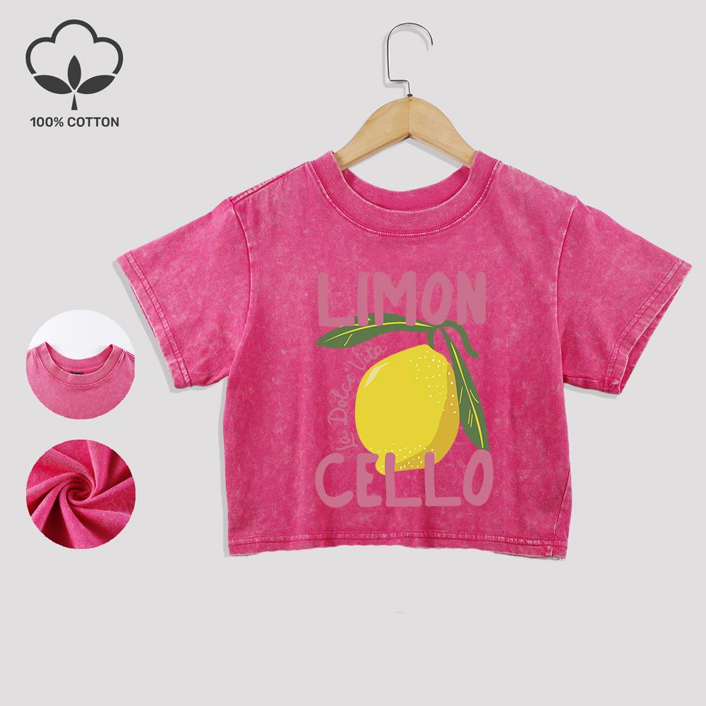 Creative Lemon Fruit Cello Printed Cotton Crop Tees Street Summer Lace Hem Washed T-Shirts Distressed Clothes