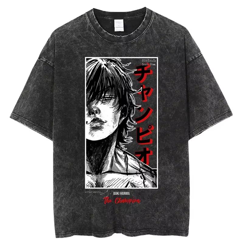 Baki Print Vintage Baumwoll-T-Shirt Herren Damen Sommer Lässig Übergroß Streetwear Fitnessstudio Workout Training Kurzarm Grafik-T-Shirt
