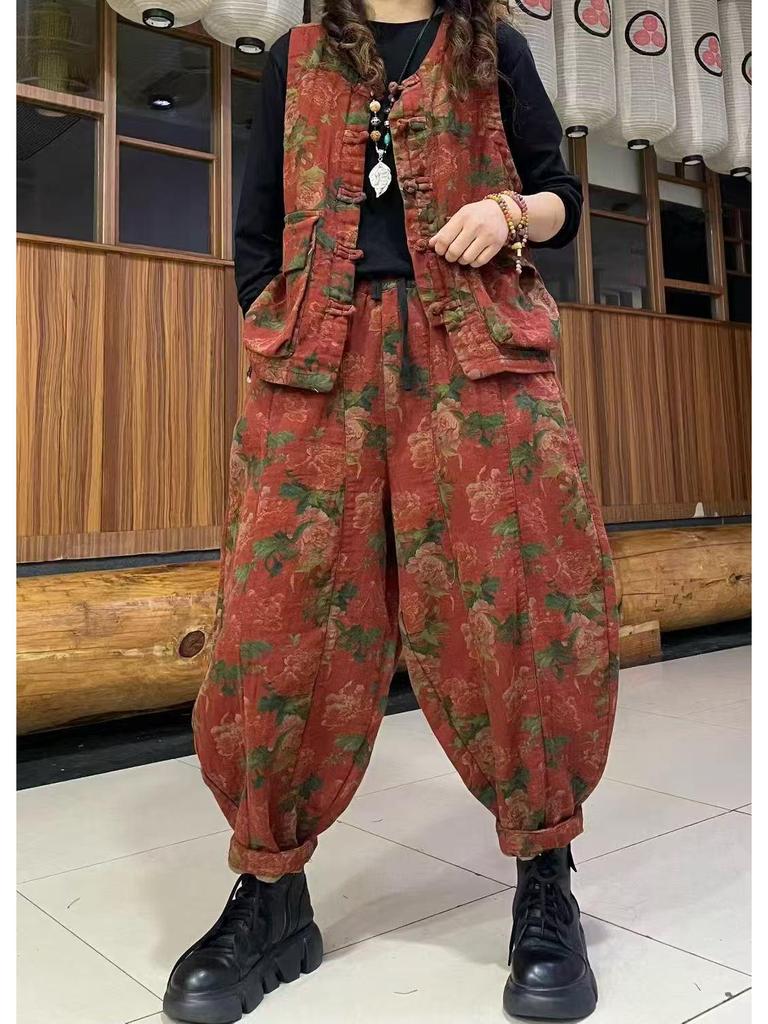 Spring Women's Retro Casual Set: Artistic Vest & Elastic Waist Pants