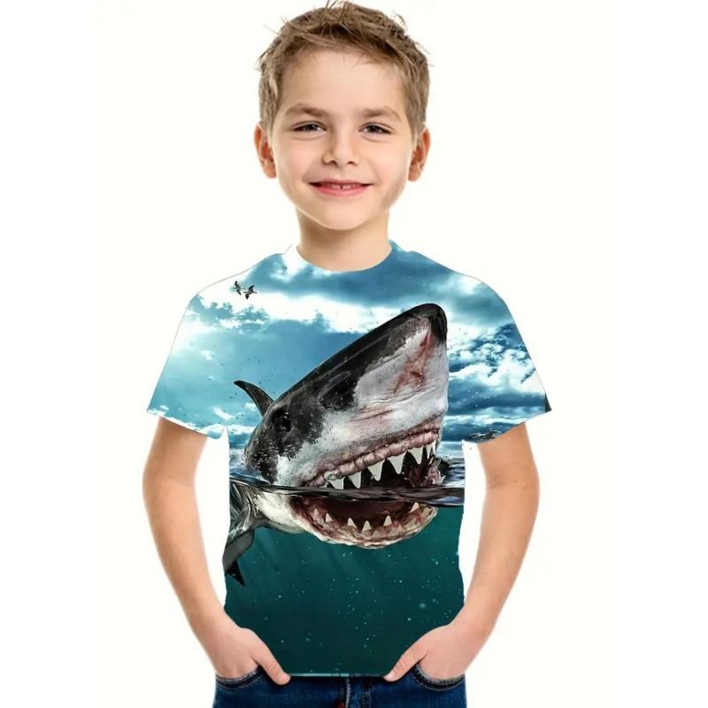 Summer Boys Clothes Breathable Elastic Comfortable Children's T-Shirt Cartoon Shark Casual Cool Summer O-Neck T-Shirt for Boys
