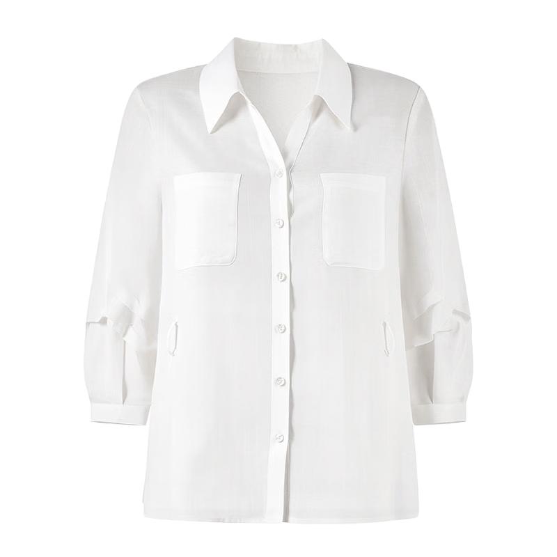 Autumn Water Yi Ren Women's Long Sleeve V-Neck Pleated White Blouse