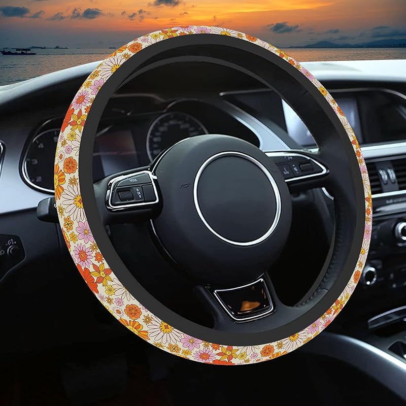 Wildflower Car Steering Wheel Cover, Flower Car Accessory For Diverse Cars, Cute Floral Print Steering Wheel Cover Protector For Women, For Steering