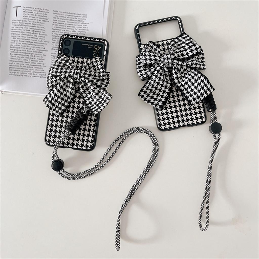 Luxury Korean 3d Houndstooth Bow Case With Portable Bracelet Chain For Samsung Galaxy Z Flip 3 4 5g Z Flip3 Zflip3 Flip4 Cover