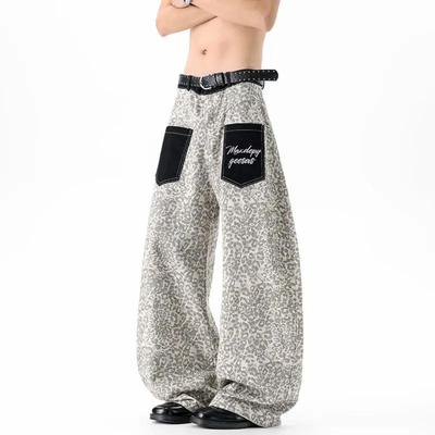 Lässige Hosentasche Jeans Retro Leopardenmuster Herren und Damen Street Scimitar Stil Amerikanisch Faul Weite Beine Locker Aufkleber Baumwolle