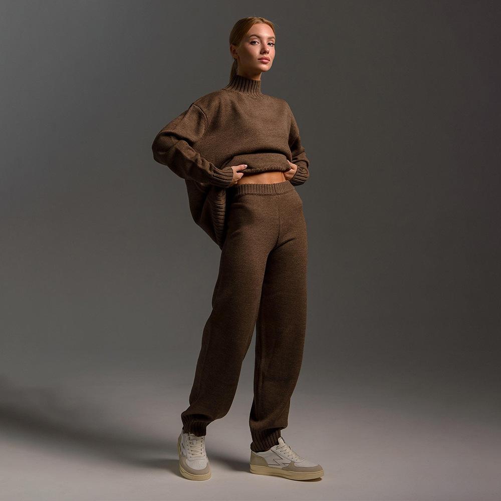 Semi-turtleneck sweater set Europe, America 2025 autumn and winter new knitted jumper + trousers sweater set women