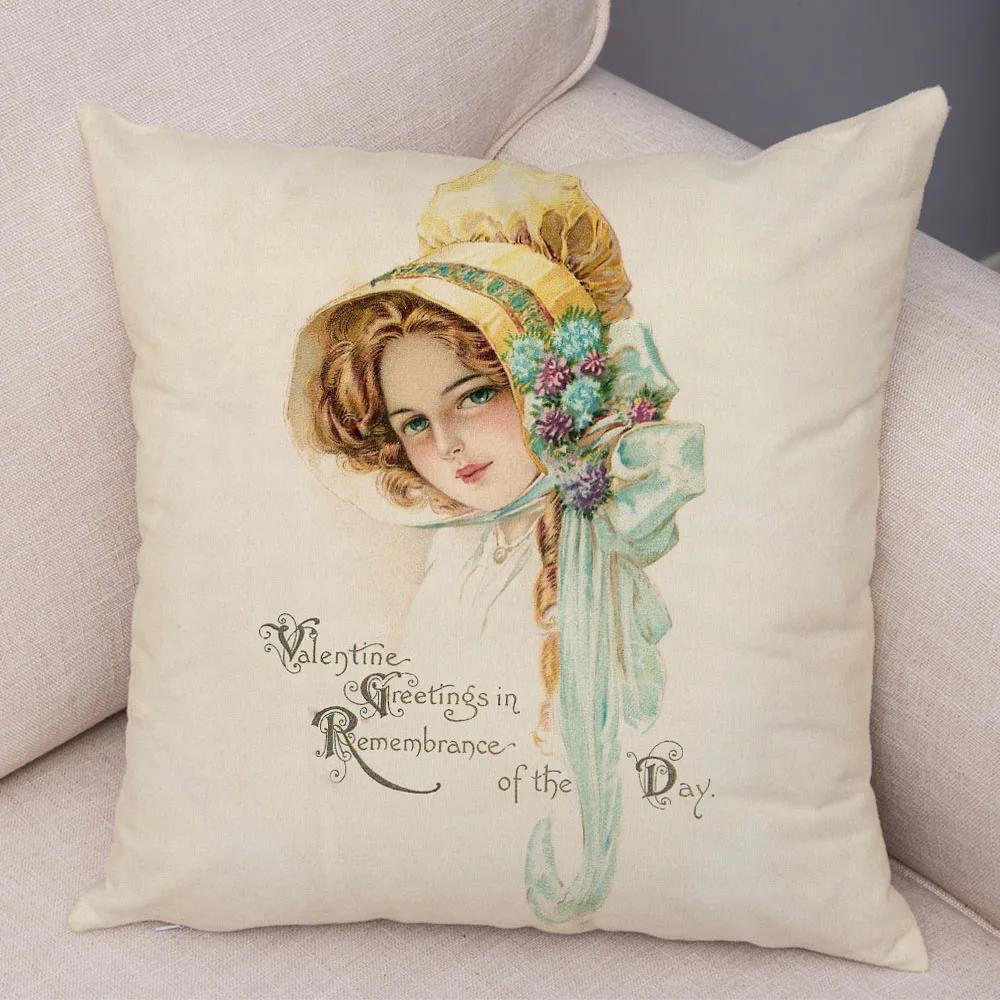 European Lady Cushion Cover Decor Vintage Style Elegant Women Print Pillowcase for Sofa Home Car Soft Plush Pillow Case 45x45cm