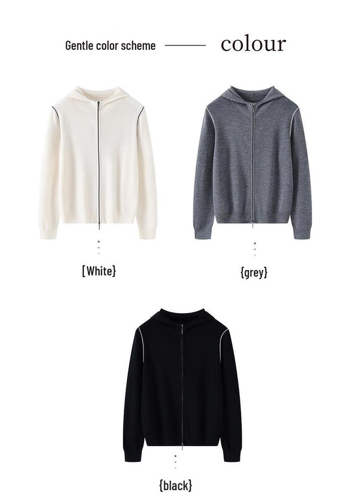 2026 Spring/Summer Women's Fine Wool Hooded Knit Cardigan - Solid Color, Double Zipper Design.