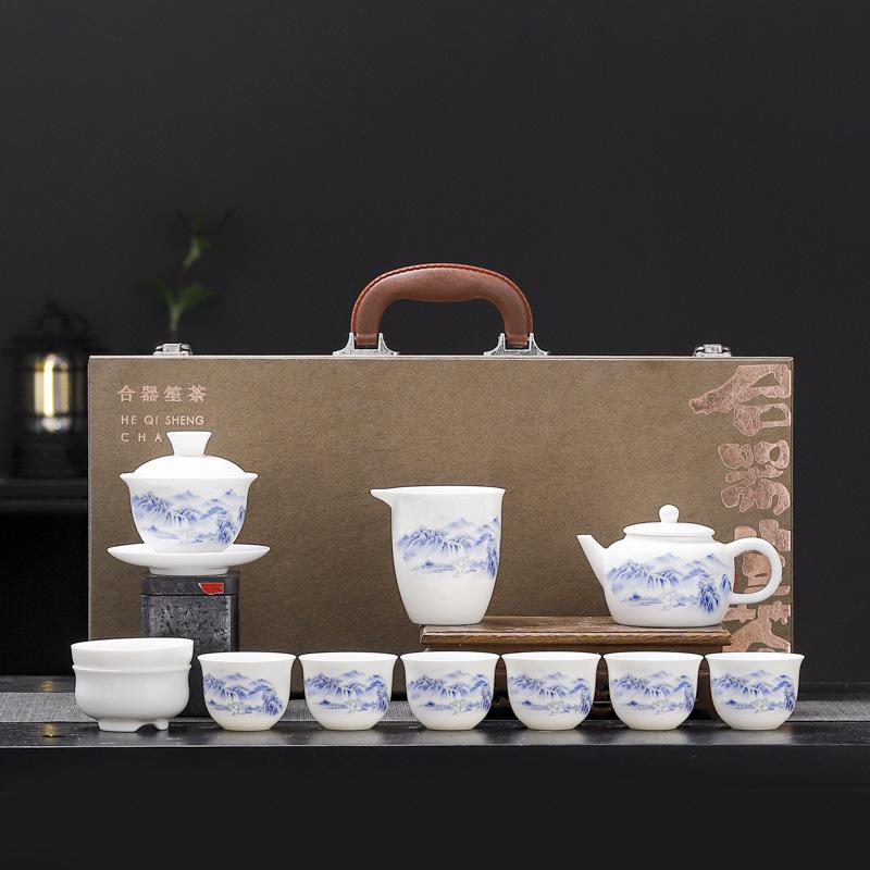 Ceramic white suet jade porcelain kung fu tea set, high-end business gifts for customers and friends
