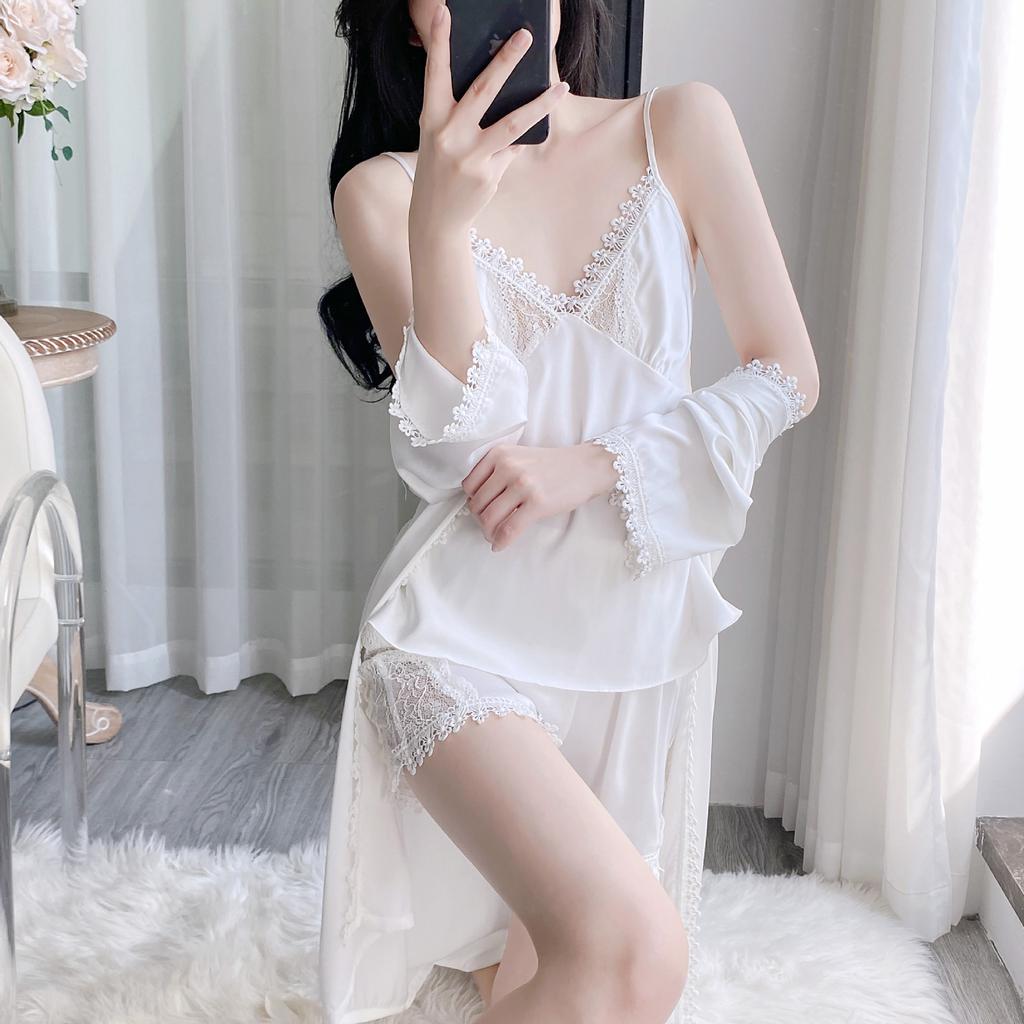 Women's Thin Sexy Ice Silk Pajamas Three-piece Spring and Summer Suspender Shorts Bathrobe Kimono with Chest Pad