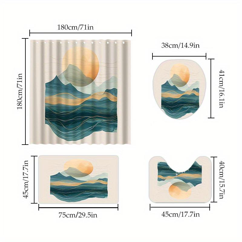 Modern Landscape Bathroom Set - Mountain River Sunshine Shower Curtain, Polyester, With 12 Hooks, Non-Slip Mat, Machine Washable