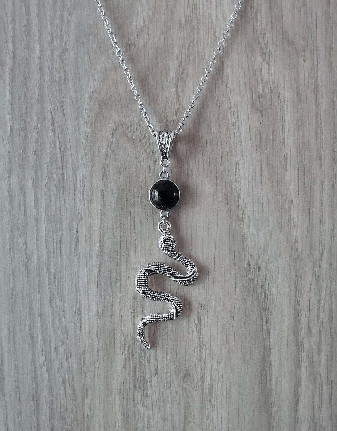 Victorian Gothic Black Agate Snake Pendant Necklace - Mystical Witch Jewelry