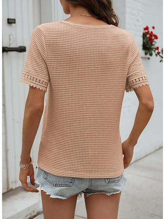 2026 Women's Casual V-neck Short-Sleeved Waffle Knit Top with Lace Patchwork
