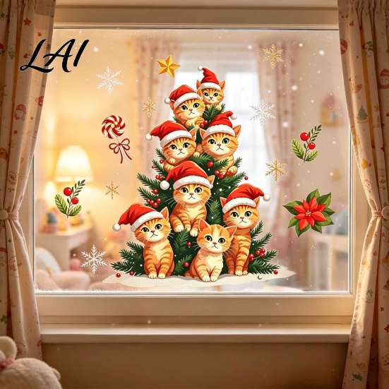 Cat Christmas Tree Decals Static Window Clings Orange Glass Stickers Santa Hat Kitten Holiday Decorations Xmas Decals Reusable Festive Decor