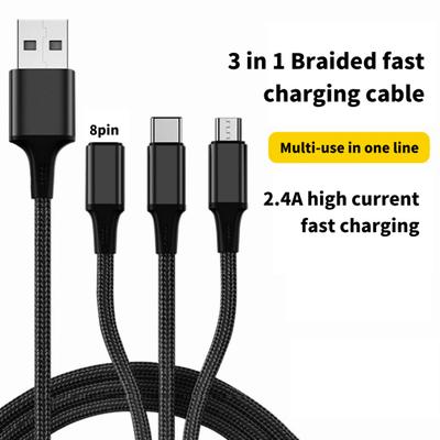 Charging Cable Three-in-One Fast Charge Nylon Braided 2A 8Pin Type-C Micro USB Charging