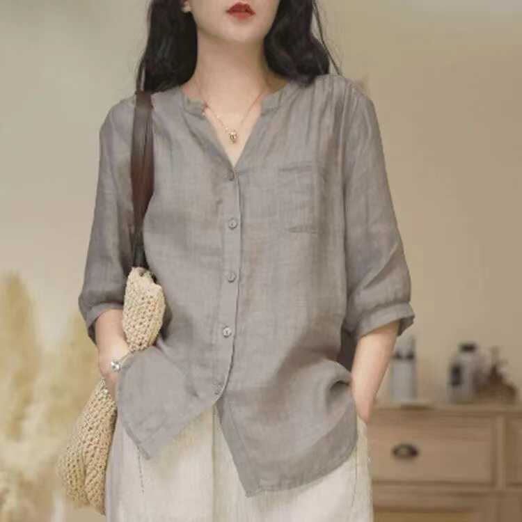 Summer Women's  Linen Shirt Loose Fit Casual Thin Shirt V-neck Button Up Versatile Slimming Top