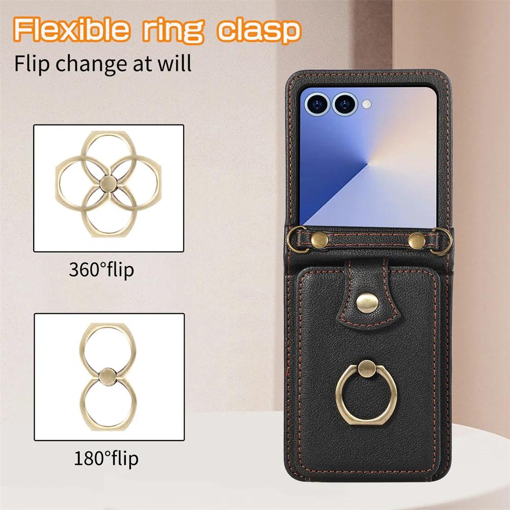 Crossbody Leather Finger Ring Holder Cards Solt Wallet Phone Case for Samsung Galaxy Z Flip 7 6 5 4 3 Flip7 FE Protective Cover