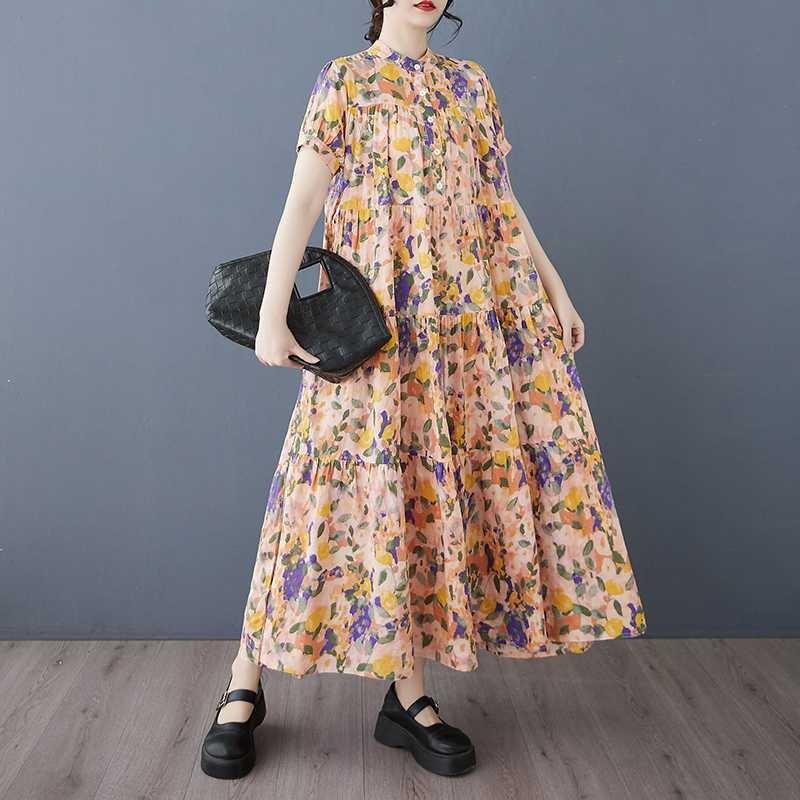 Cotton 2025 Summer Women's Loose Large Size Fashion Printed Long Dresses