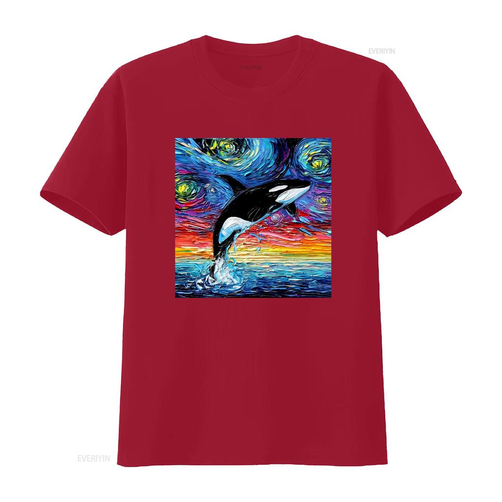 Vibrant Orca Killer Whale Starry Night Ocean Art T Shirt Vintage Washed Streetwear Stretched Casual Versatile
