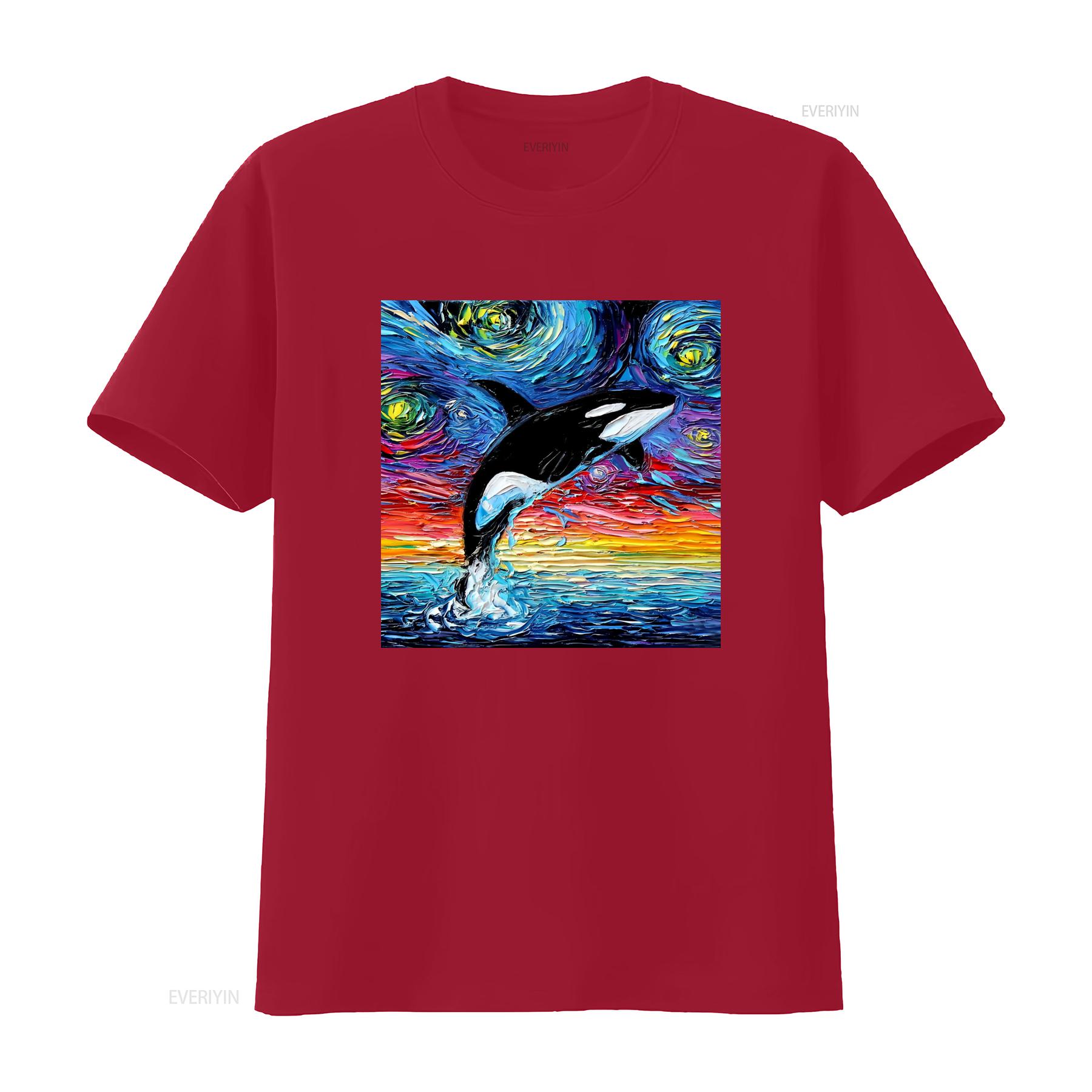 Vibrant Orca Killer Whale Starry Night Ocean Art T Shirt vintage Washed streetwear Stretched Casual Versatile S