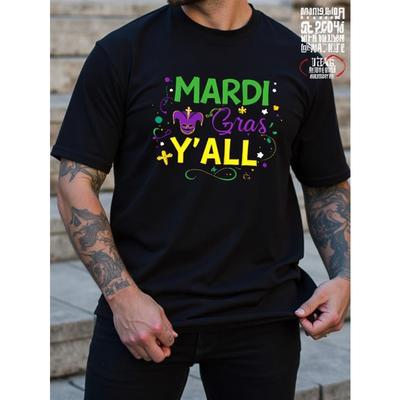 Damen Mardi Gras Y'all Fleur-de-Lis Perlen Grafik Lässiges Kurzarm Rundhals Party T-Shirt