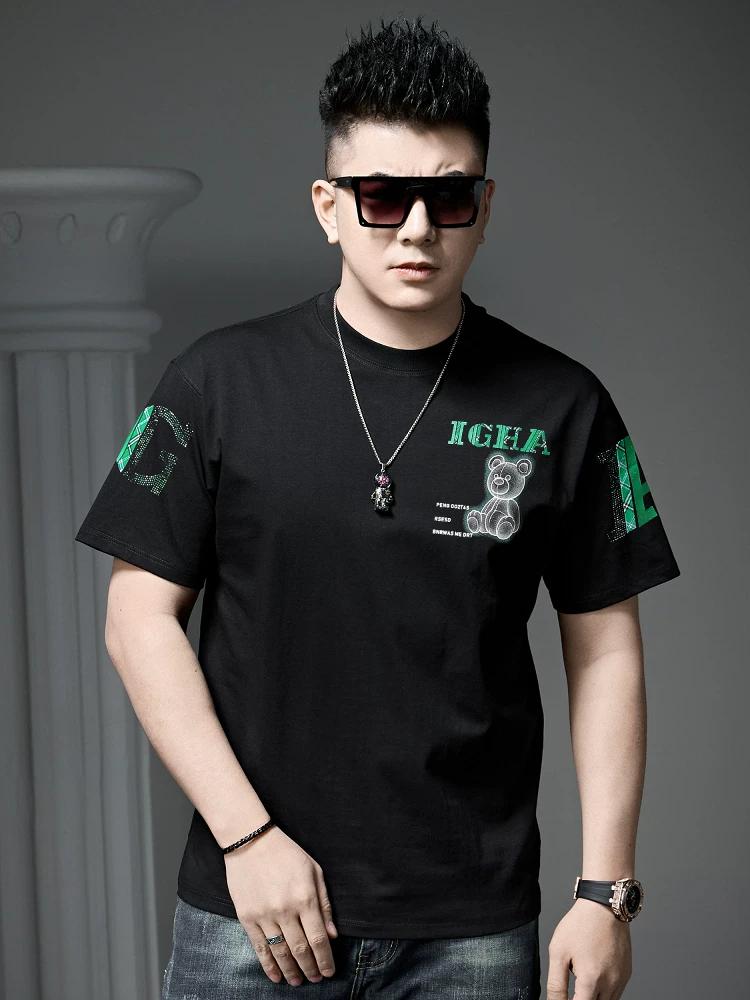 Ozhouzhan Summer New Men's Bear Hot Drilling Print Round Neck Short Sleeve T-shirt Fashion Brand Top Half Sleeve T-shirt
