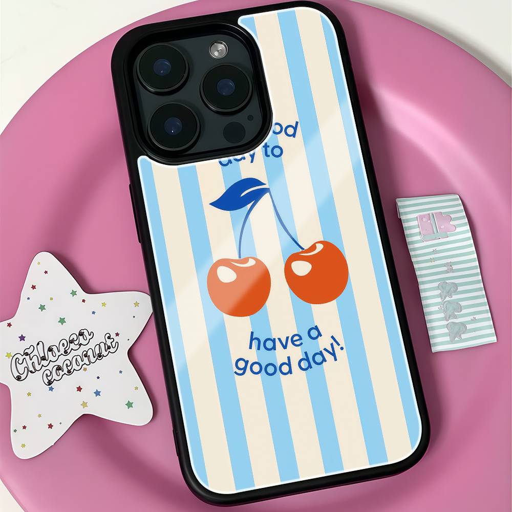 Retro Cherry Good Day Phone Case Black Hard Plastic Phone Case For Iphone 17 Air 16 15 14 13 12 11 Pro Max PC TPU Ins Case
