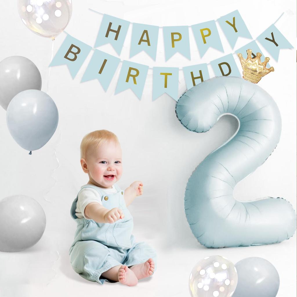 Iysoll Baby Blue 1 Year Old Birthday Decoration Set Large Number Balloon 40 Inch Muted Color First Year Number Balloon Crown