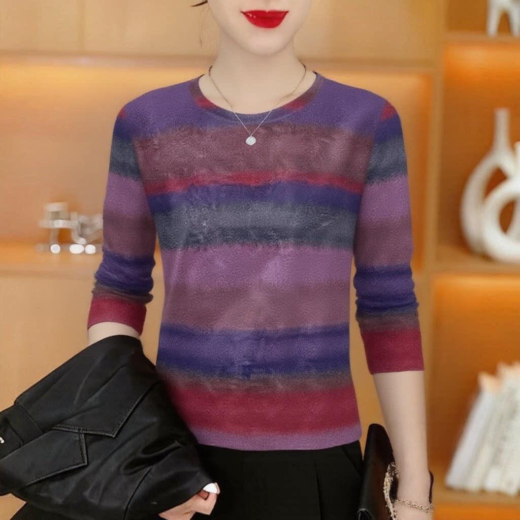 

Stylish Plaid Slim-Fit Long-Sleeve Top for Women – Age-Reducing Round Neck, Versatile Ladylike Style 3X-Large
