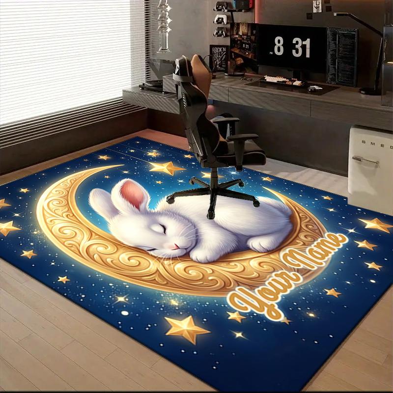 1PC Custom Name Moonlit Dreams Bunny Theme Floor Mat Ideal for Living Room, Game Rooms, Office, Bedroom, Floor Mat Playful Design