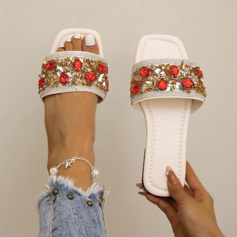 Women's Wide Width Square Toe Glitter Slides - Flat Sole Colorful Crystal Sandals for Summer, Fashion Beach Mules