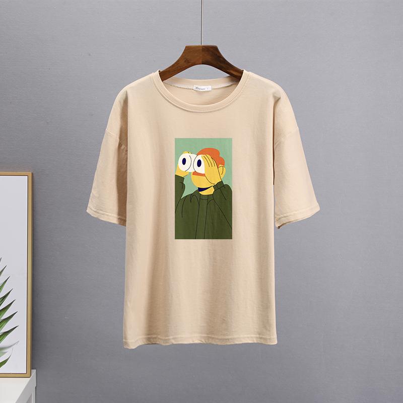 Hirsionsan Nya roliga tecknade T-shirts Kvinnor Kawaii Casual Oversized Tees Par Mjuk bomull O-hals Kvinnliga Grafiska Toppar